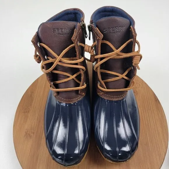 Sperry Duck Boots Saltwater Leather Wedge Brown Blue Zip Women's Shoe Sz US 8.5