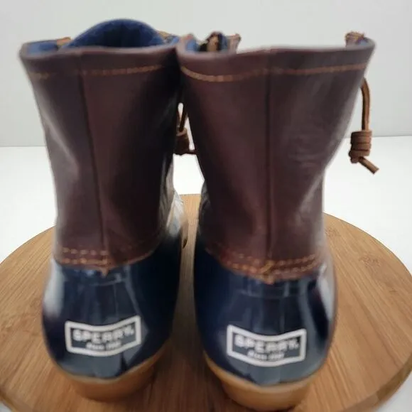 Sperry Duck Boots Saltwater Leather Wedge Brown Blue Zip Women's Shoe Sz US 8.5