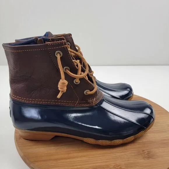 Sperry Duck Boots Saltwater Leather Wedge Brown Blue Zip Women's Shoe Sz US 8.5