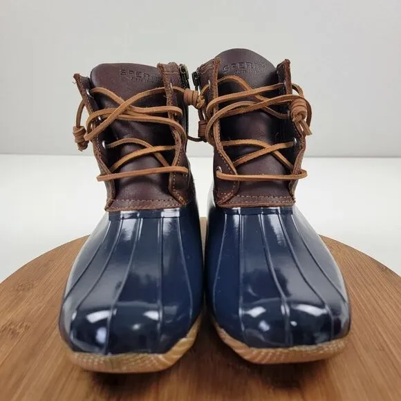 Sperry Duck Boots Saltwater Leather Wedge Brown Blue Zip Women's Shoe Sz US 8.5