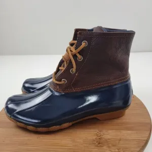 Sperry Duck Boots Saltwater Leather Wedge Brown Blue Zip Women's Shoe Sz US 8.5