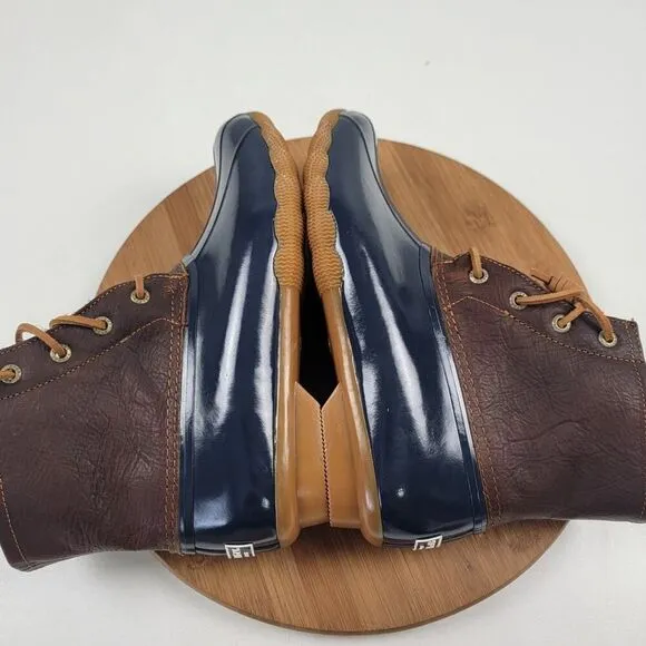 Sperry Duck Boots Saltwater Leather Wedge Brown Blue Zip Women's Shoe Sz US 8.5