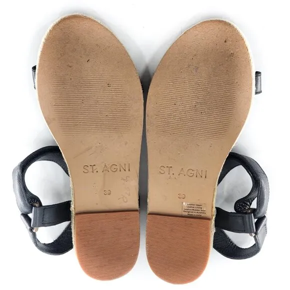 ST. AGNI Black Leather Espadrille Sandals