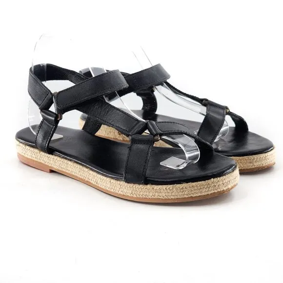 ST. AGNI Black Leather Espadrille Sandals