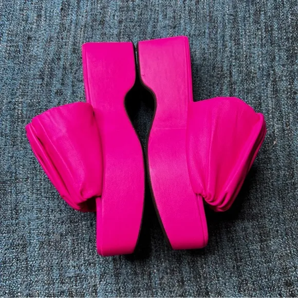 STAUD Nina Ruched Leather Platform Sandals in Bougainvillea Pink