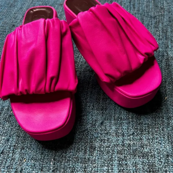 STAUD Nina Ruched Leather Platform Sandals in Bougainvillea Pink