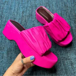 STAUD Nina Ruched Leather Platform Sandals in Bougainvillea Pink