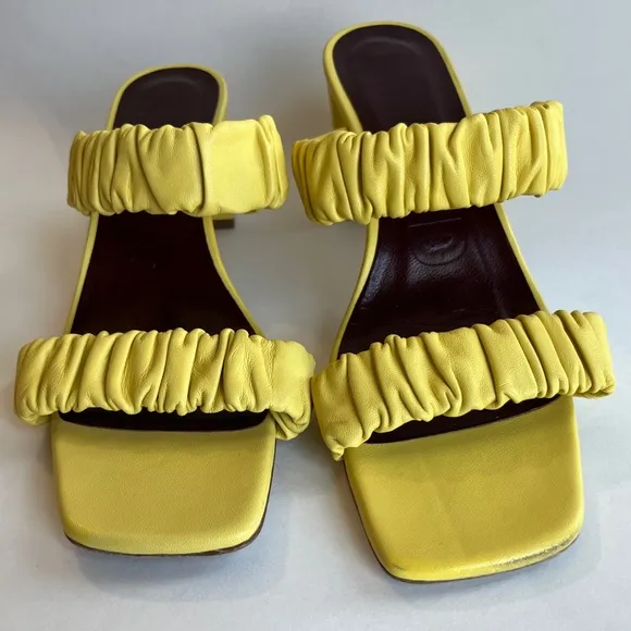 Staud Women's Yellow Frankie Ruched Leather Sandals Shoes Size EU 37 US 7