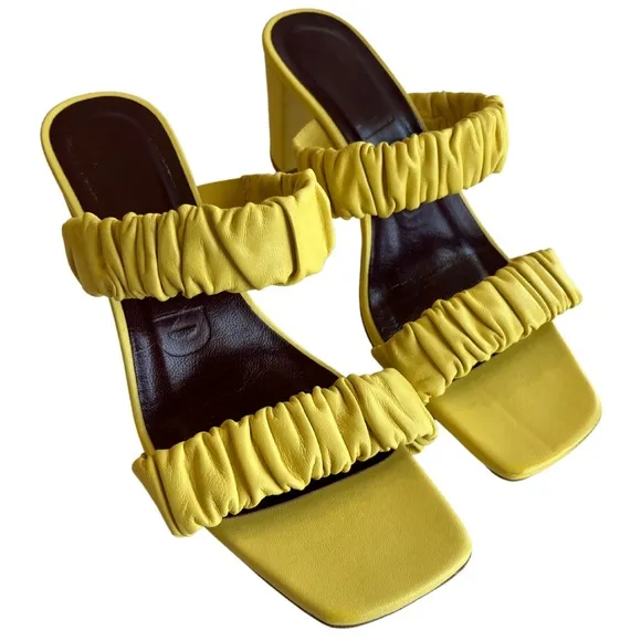 Staud Women's Yellow Frankie Ruched Leather Sandals Shoes Size EU 37 US 7