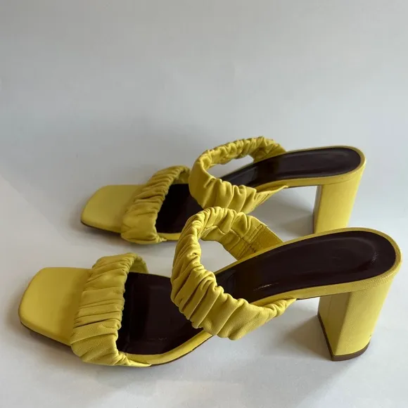 Staud Women's Yellow Frankie Ruched Leather Sandals Shoes Size EU 37 US 7