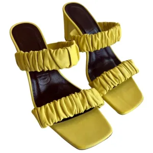 Staud Women's Yellow Frankie Ruched Leather Sandals Shoes Size EU 37 US 7