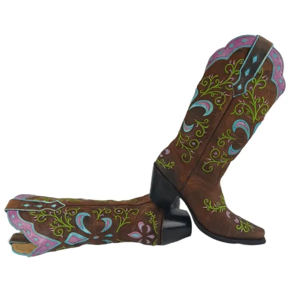 Sterling River Boots 9.5 B Brown Green Purple Blue Cowgirl Boots Heeled Western