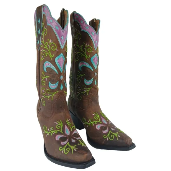 Sterling River Boots 9.5 B Brown Green Purple Blue Cowgirl Boots Heeled Western