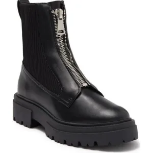 Steve Madden Aliyah Front Zip Boots Leather Rib Knit Chunky Combat Boots Black