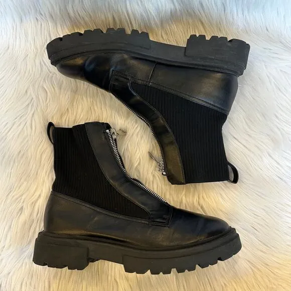 Steve Madden Aliyah Front Zip Boots Leather Rib Knit Chunky Combat Boots Black