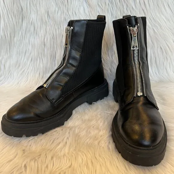 Steve Madden Aliyah Front Zip Boots Leather Rib Knit Chunky Combat Boots Black