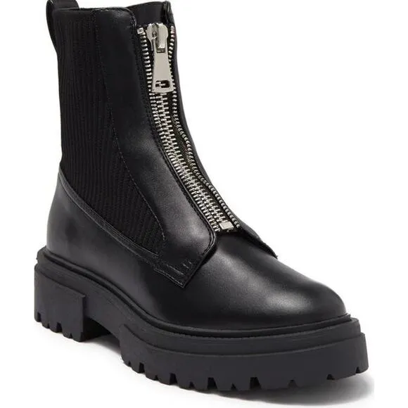 Steve Madden Aliyah Front Zip Boots Leather Rib Knit Chunky Combat Boots Black