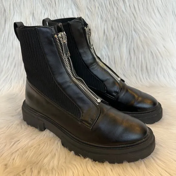Steve Madden Aliyah Front Zip Boots Leather Rib Knit Chunky Combat Boots Black