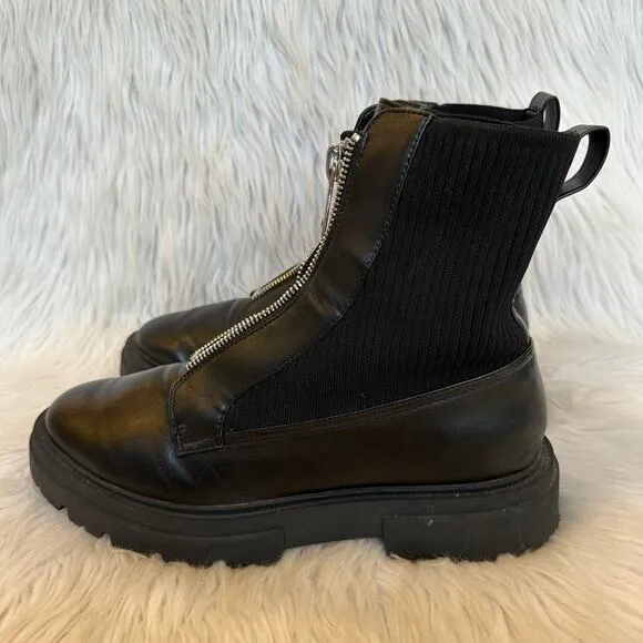 Steve Madden Aliyah Front Zip Boots Leather Rib Knit Chunky Combat Boots Black