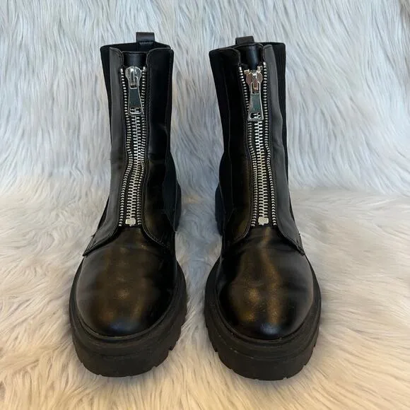 Steve Madden Aliyah Front Zip Boots Leather Rib Knit Chunky Combat Boots Black