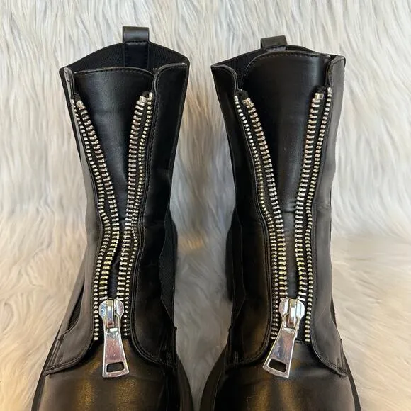 Steve Madden Aliyah Front Zip Boots Leather Rib Knit Chunky Combat Boots Black