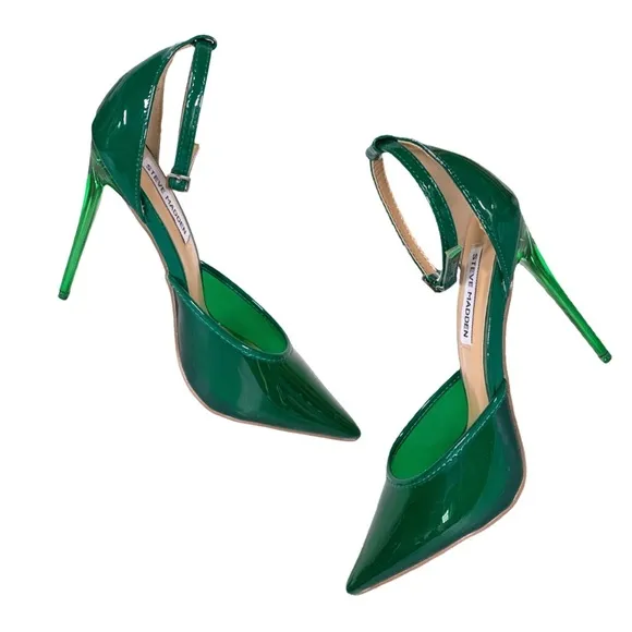 STEVE MADDEN &quot;OPAR&quot; GREEN PLASTIC STILETTO HEEL ANKLE STRAP PUMPS (6)