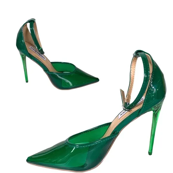 STEVE MADDEN &quot;OPAR&quot; GREEN PLASTIC STILETTO HEEL ANKLE STRAP PUMPS (6)