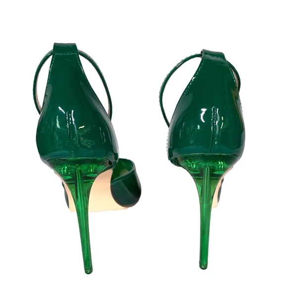 STEVE MADDEN &quot;OPAR&quot; GREEN PLASTIC STILETTO HEEL ANKLE STRAP PUMPS (6)