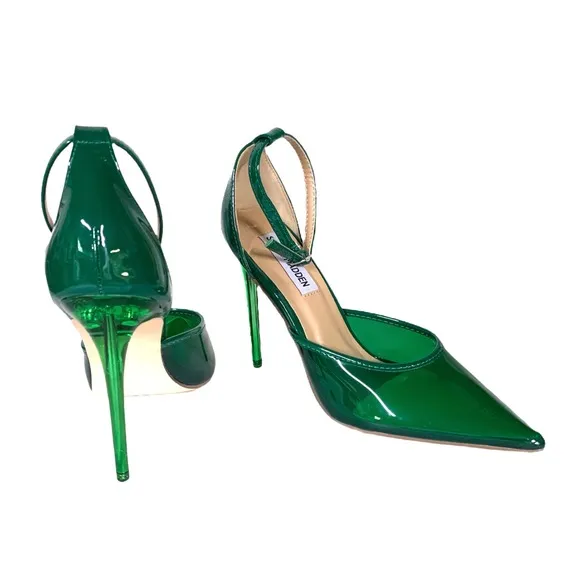 STEVE MADDEN &quot;OPAR&quot; GREEN PLASTIC STILETTO HEEL ANKLE STRAP PUMPS (6)