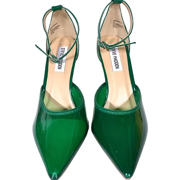 STEVE MADDEN &quot;OPAR&quot; GREEN PLASTIC STILETTO HEEL ANKLE STRAP PUMPS (6)