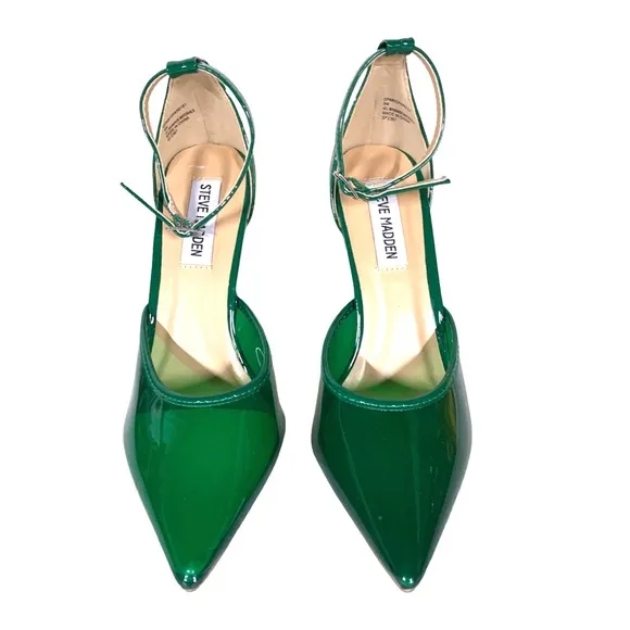 STEVE MADDEN &quot;OPAR&quot; GREEN PLASTIC STILETTO HEEL ANKLE STRAP PUMPS (6)