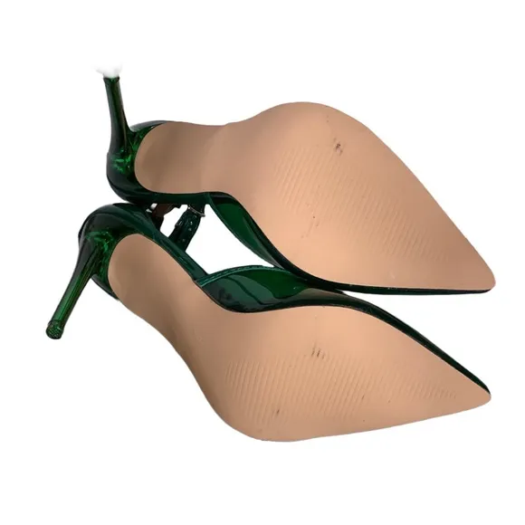 STEVE MADDEN &quot;OPAR&quot; GREEN PLASTIC STILETTO HEEL ANKLE STRAP PUMPS (6)