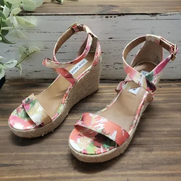 Steve Madden Floral &quot;Montaukk&quot; Espadrille Platform Wedge Heeled Sandals Size 6.5