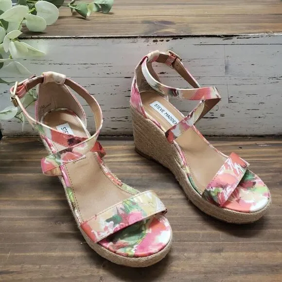 Steve Madden Floral &quot;Montaukk&quot; Espadrille Platform Wedge Heeled Sandals Size 6.5