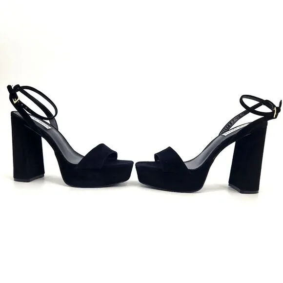 Steve Madden Lessa Black Suede Platform Block Heel Sandals Womens Size 9.5 Black