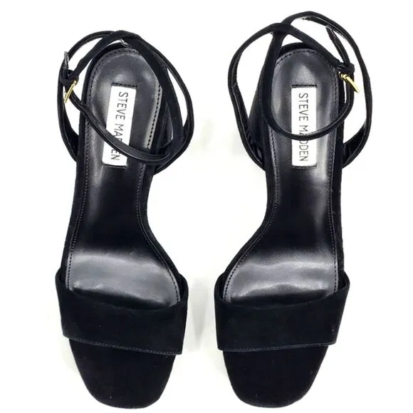 Steve Madden Lessa Black Suede Platform Block Heel Sandals Womens Size 9.5 Black