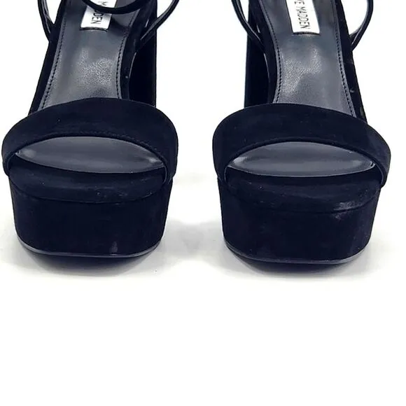 Steve Madden Lessa Black Suede Platform Block Heel Sandals Womens Size 9.5 Black