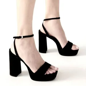 Steve Madden Lessa Black Suede Platform Block Heel Sandals Womens Size 9.5 Black