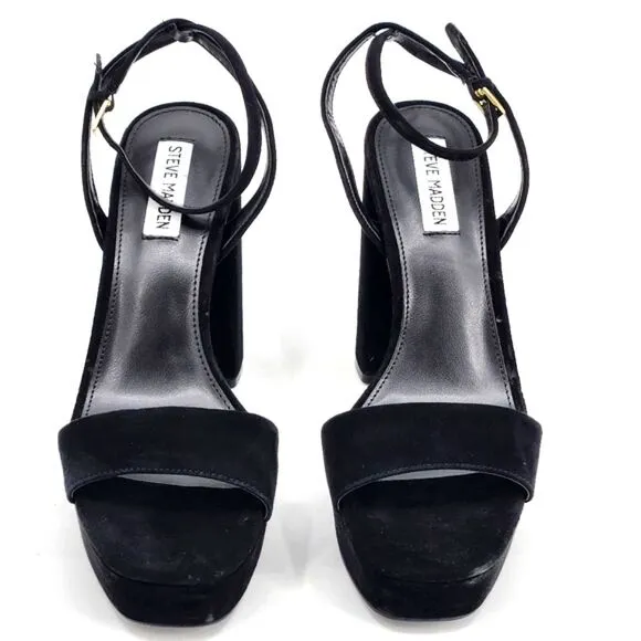 Steve Madden Lessa Black Suede Platform Block Heel Sandals Womens Size 9.5 Black