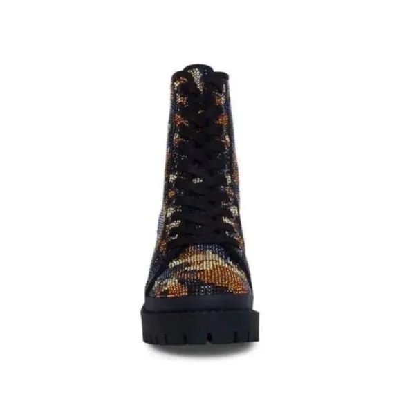 Steve Madden Pass Camo Multi Rhinestone Platform Combat Lug Sole Boots Size 6M