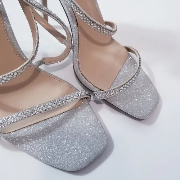 Steve Madden Rhinestones Shimmer Kepi Strappy Sky Silver Stiletto