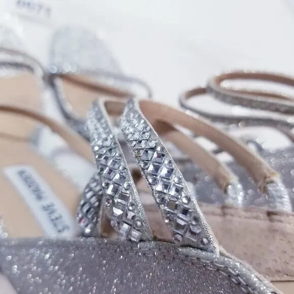 Steve Madden Rhinestones Shimmer Kepi Strappy Sky Silver Stiletto