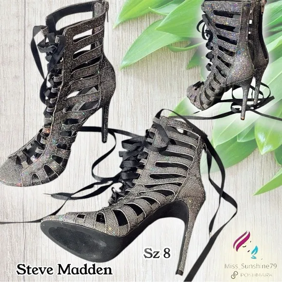 Steve Madden - Sz 8 - strappy multi sparkle peep toe boots - sexy wow tie up