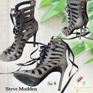 Steve Madden - Sz 8 - strappy multi sparkle peep toe boots - sexy wow tie up