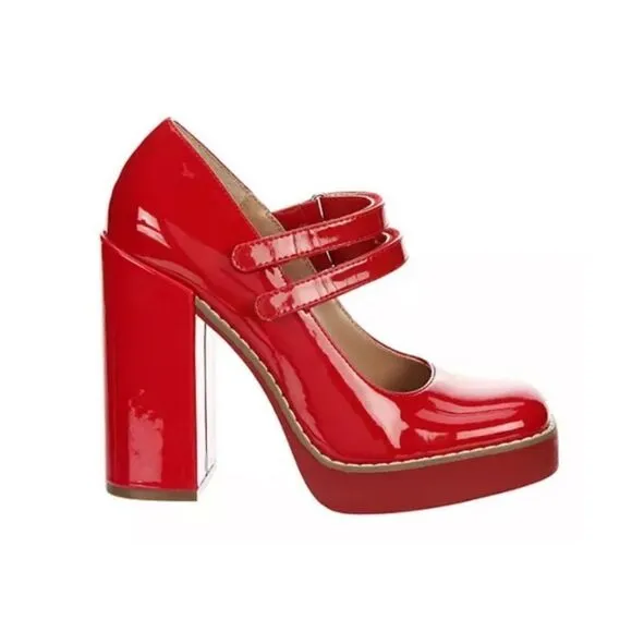 Steve Madden Twice Red Patent Leather Mary Jane Platform Block Heel Shoes