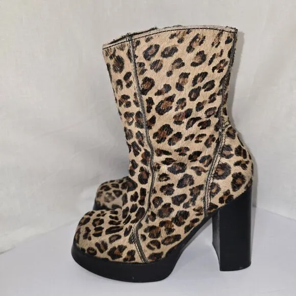 Steve Madden Vintage 90s Y2K Chunky Square Toe  Leather Cheetah Boots Size  7.5B