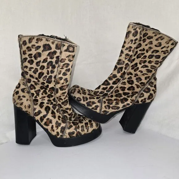 Steve Madden Vintage 90s Y2K Chunky Square Toe  Leather Cheetah Boots Size  7.5B