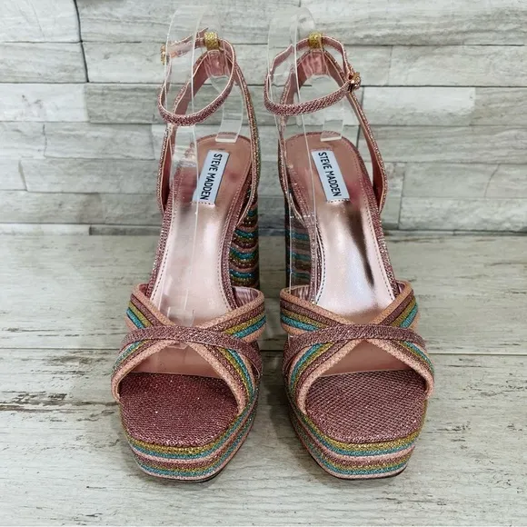 Steve Madden Women’s Laurel Rainbow Glitter Platform Sandals Ankle Strap NWOB