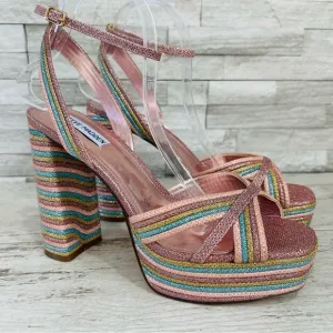 Steve Madden Women’s Laurel Rainbow Glitter Platform Sandals Ankle Strap NWOB