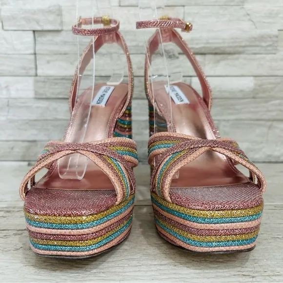 Steve Madden Women’s Laurel Rainbow Glitter Platform Sandals Ankle Strap NWOB